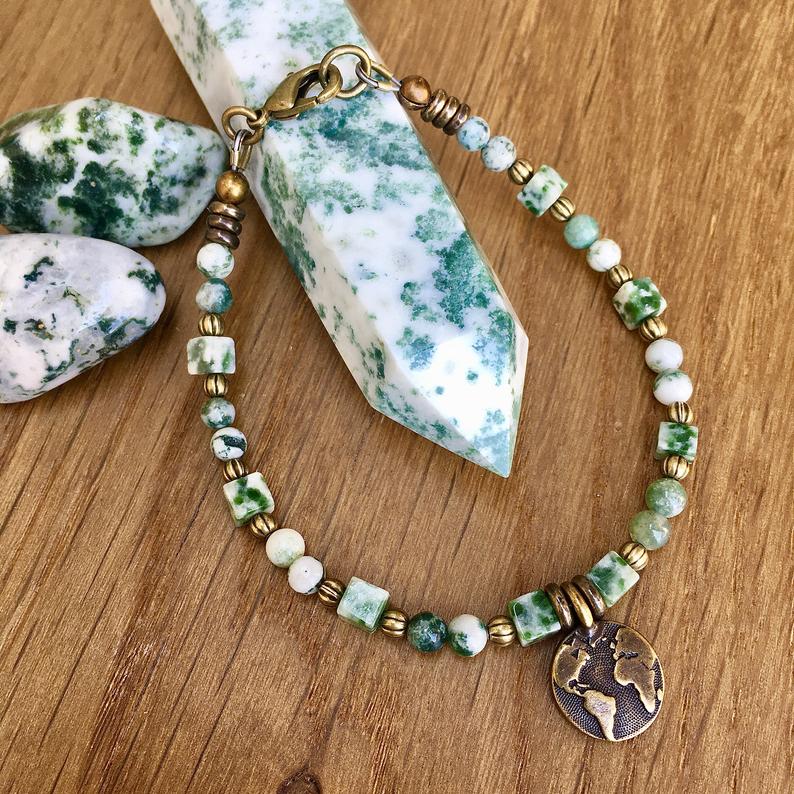 Earth Charm & GREEN TREE AGATE Bracelet, Brass Beaded, Natural Stone Gemstone Crystal, Nature Lovers Jewelry
