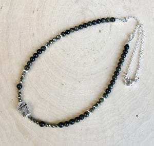 HERKIMER DIAMOND NECKLACE with Gold Sheen Obsidian & Pyrite, Beaded, Silver, Natural Stone Crystal Gemstone, 16"-18"