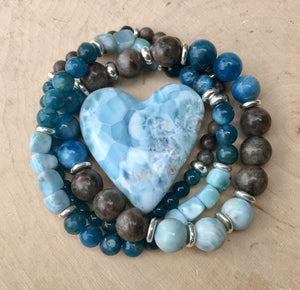 Larimar, Blue Apatite & Chocolate Labradorite (blue flash) Stretch Bracelet Stack, natural stone