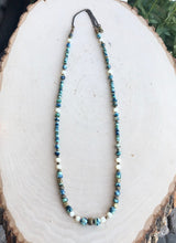 AZURITE, CHRYSOCOLLA, & Mother of Pearl Beaded Necklace, with Brass, 30" natural stone