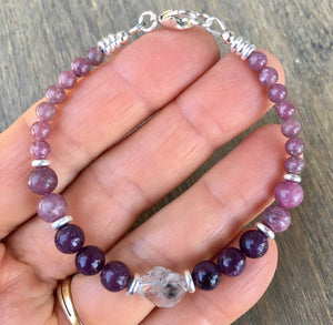 LEPIDOLITE & HERKIMER DIAMOND BRACELET Silver, Beaded, Clasp, Natural Stone Gemstone