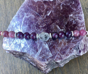 LEPIDOLITE & HERKIMER DIAMOND BRACELET Silver, Beaded, Clasp, Natural Stone Gemstone