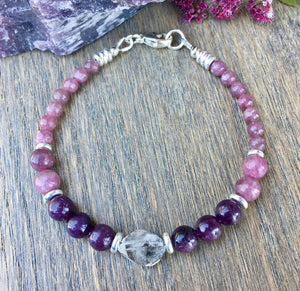 LEPIDOLITE & HERKIMER DIAMOND BRACELET Silver, Beaded, Clasp, Natural Stone Gemstone