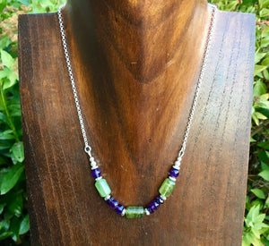 Green Garnet & Amethyst Necklace, silver, beaded natural stone, 16"-20"