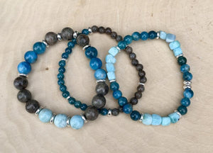 Larimar, Blue Apatite & Chocolate Labradorite (blue flash) Stretch Bracelet Stack, natural stone