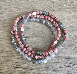 RHODONITE & LABRADORITE BRACELET Stack, Beaded, Natural Stone Crystal Gemstone, Pink and Gray