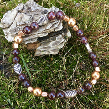 Red Garnet, Rainbow Moonstone & Copper Leaf Beaded Stretch Bracelets, choice