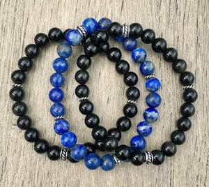THIN BLUE LINE Stone Bracelet Stack, Black Obsidian & Lapis Lazuli, stretch beaded unisex