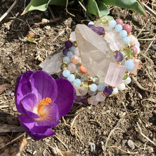 FLOWER AGATE & RHODONITE Beaded Bracelet, gold accents, natural stone, cherry blossom
