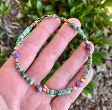 CHAROITE & African Turquoise ANKLET or BRACELET, Adjustable, Beaded, Copper, Gemstone, Natural Stone