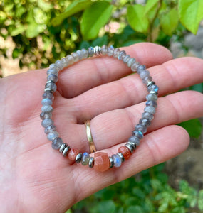 SUNSTONE & LABRADORITE Silver Stretch Beaded Bracelet, natural stone, AAA beads