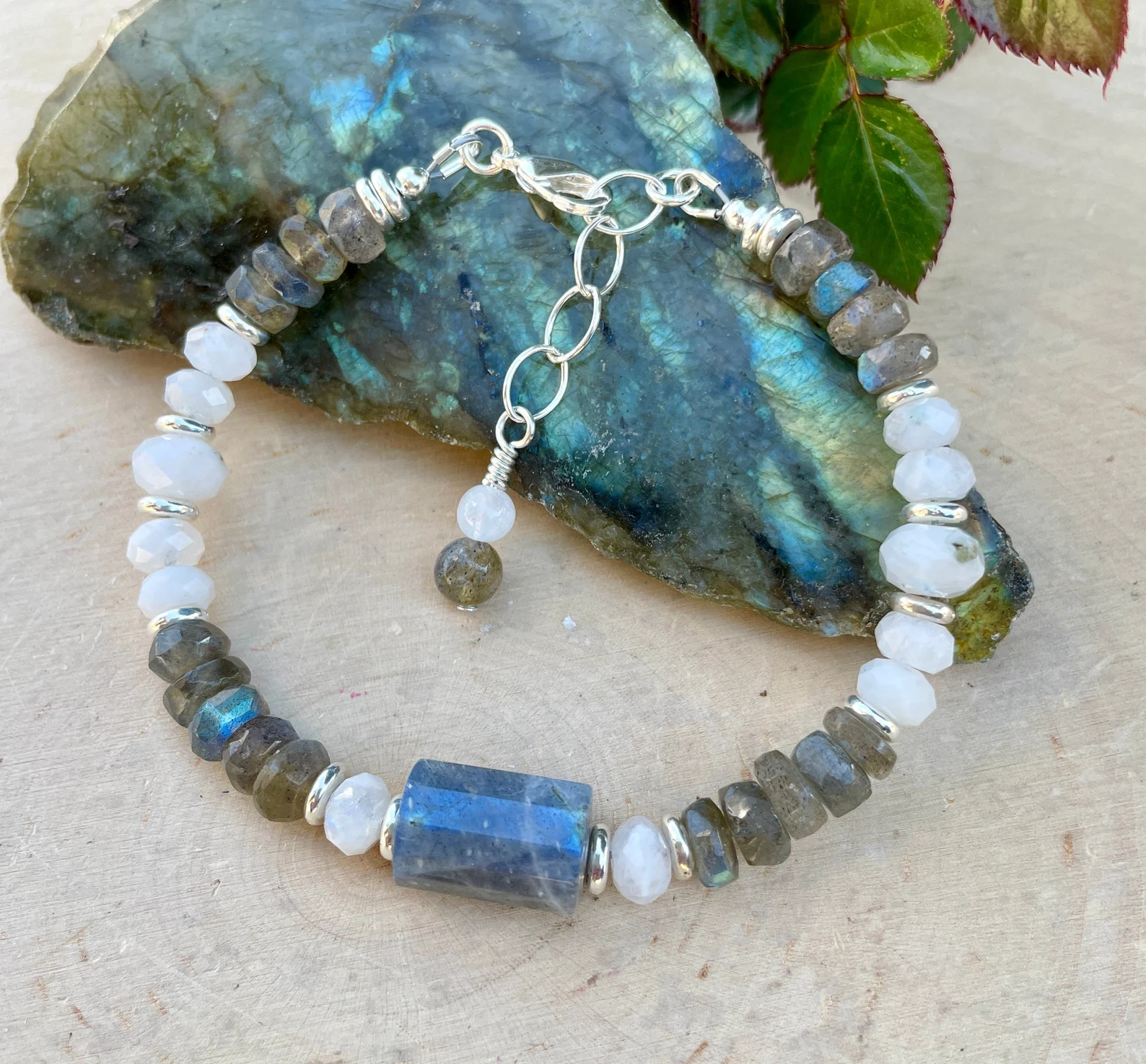 Labradorite gemstone stretch bracelet, silver spacer beads, transforma –  Sparkle Monster