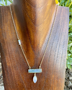 Labradorite & Rainbow Moonstone Pendant Necklace with 16" 14K gold filled chain, natural stone crystal, gifts