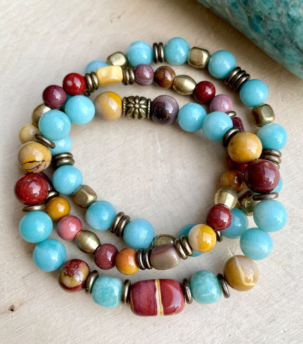 Peruvian AMAZONITE & Australian MOOKAITE JASPER Bracelets, choice or stack, with Antiqued Brass, Gemstone Natural Stone