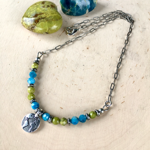 EARTH DAY NECKLACE, Green Opal, Blue Apatite, 16" or 18", Sterling Silver Chain, Earth Charm, Beaded Natural Stone Crystal Gemstone