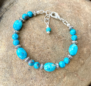 KINGMAN TURQUOISE BRACELET with Silver, Clasp, Blue Round & Pebble, Beaded, Genuine, Crystal Natural Stone Gemstone