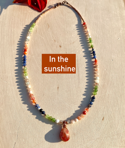 SUNSTONE, JADE & SODALITE Necklace with Sparkling Sunstone Pendant and Copper Beads, Gemstone Natural Stone, Crystal