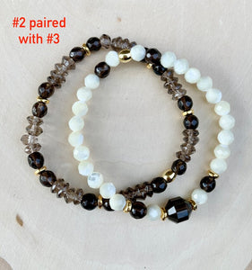 SMOKY QUARTZ, BRONZITE Bracelet with Mother of Pearl, Choice or Stack, Natural Stone, Gemstone Crystal, Beaded, Stretch