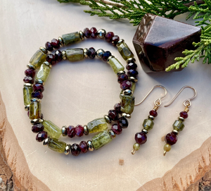Red & Green GARNET BRACELET with Pyrite, January Birthstone, Natural Stone Gemstone Crystal, Beaded, Christmas Jewelry