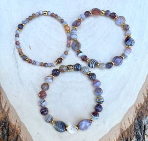 BOTSWANA AGATE BRACELET STACK, Gold Accents, Banded Natural Stone, Beaded Crystal Gemstone