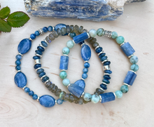 BLUE KYANITE & EMERALD Bracelet, Silver Stretch Beaded, Natural Stone Crystal Gemstone