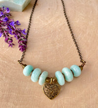 Amazonite Beaded Necklace with Heart charm, antiqued brass, natural stone gemstone, Spiritual Gifts