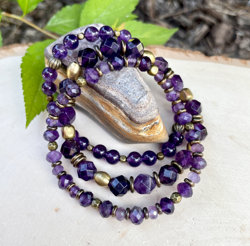 PURPLE AMETHYST BRACELET, Choice or Stack, Stretch, Beaded, Brass Accents, Natural Stone Gemstone Crystal