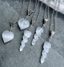 SELENITE PENDANT NECKLACE, Choice, Heart, Spiral Unicorn Horn, 16", silver, Satin Spar, Moroccan Natural Stone Gemstone Crystal