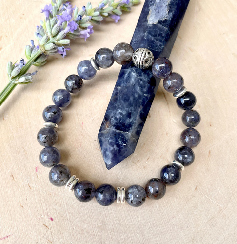 IOLITE BRACELET Water Sapphire Crystal, 8mm Natural Stone Gemstone, Stretch Silver