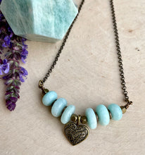 Amazonite Beaded Necklace with Heart charm, antiqued brass, natural stone gemstone, Spiritual Gifts
