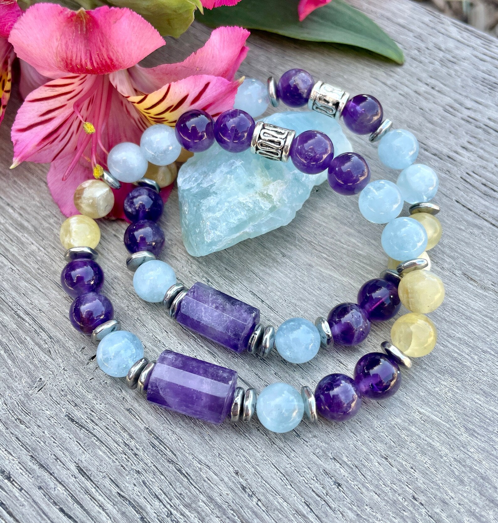 Made to order - LOVE and PEACE - rose quartz and lepidolite 27 bead mala  wrap worry bracelet | Felt