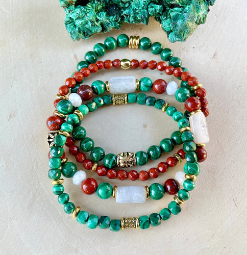 Choice MALACHITE, RED JASPER Bracelet, with Rainbow Moonstone, Natural Stone Gemstone Crystal, Beaded, Gold, Christmas Jewelry