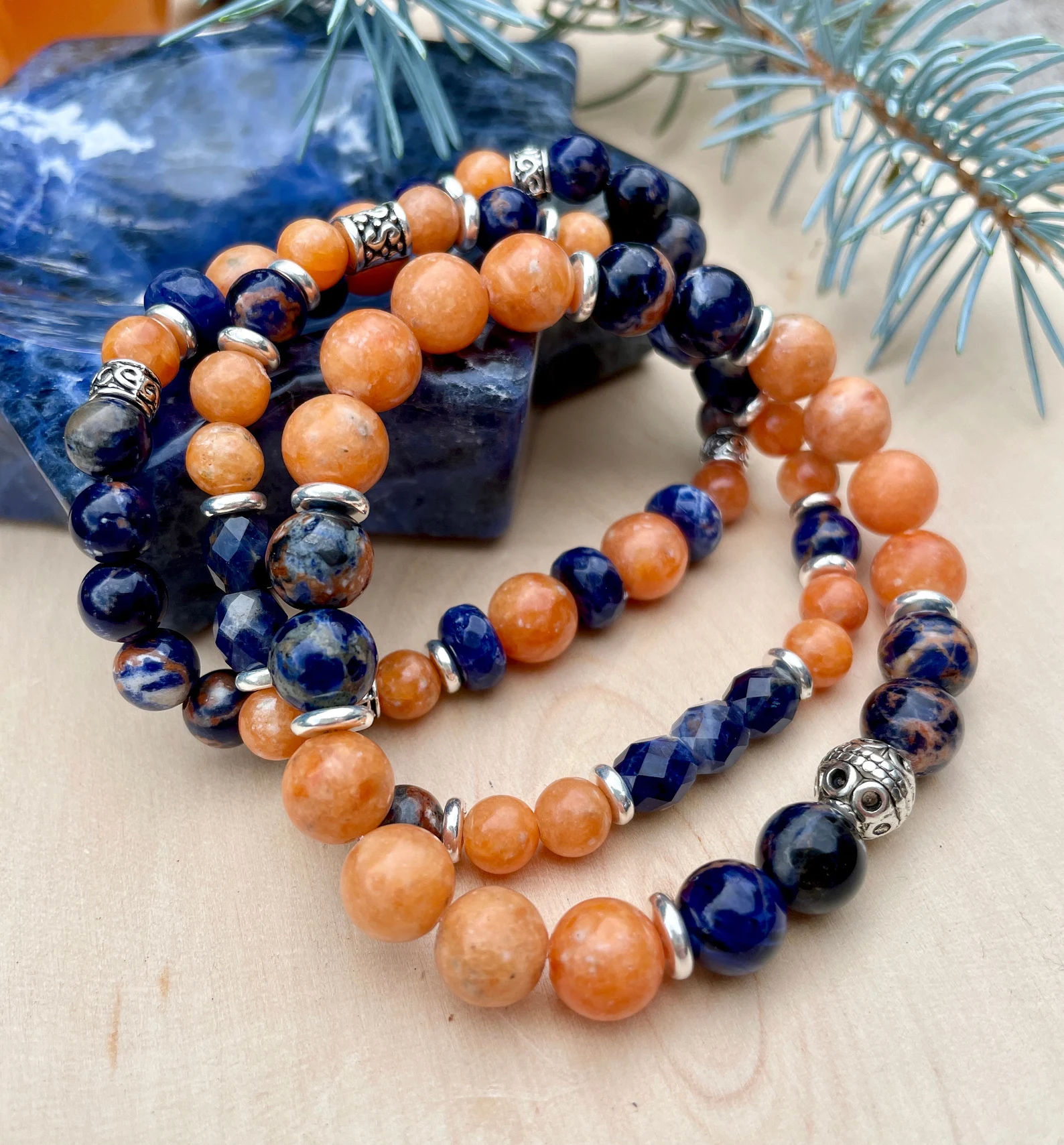 Wood and Orange Resin Beaded Stretch Bracelets (Pair) - Friendship Beads