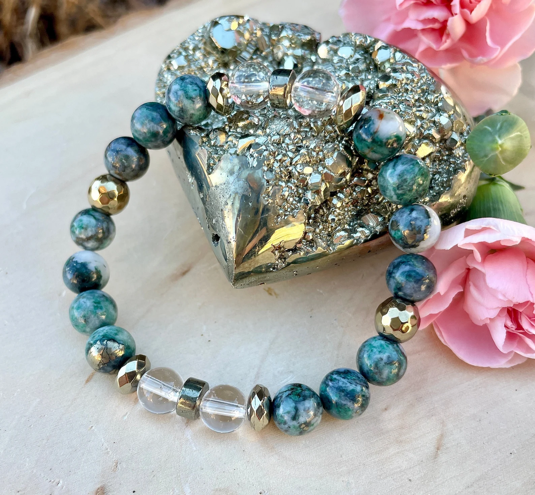 GREEN JADE PYRITE Bracelet with Clear Quartz, African Natural Stone Gemstone Crystal, Beaded Stretch
