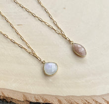 Rainbow Moonstone or Rose Quartz Pendant Necklace with 14K gold filled chain, choice, 16", natural stone crystal, dainty minimalist