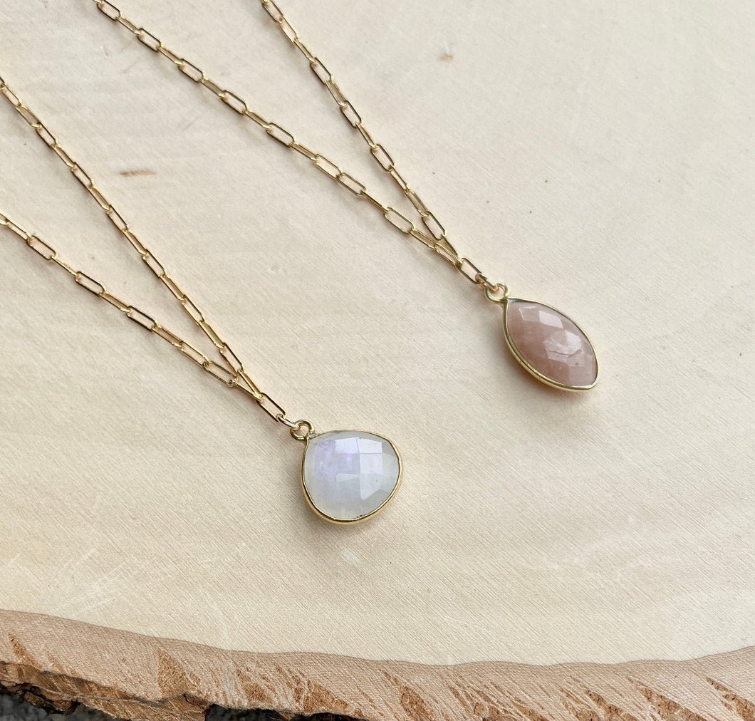 Rainbow Moonstone or Rose Quartz Pendant Necklace with 14K gold filled chain, choice, 16