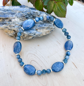 BLUE KYANITE BRACELET Silver Stretch Beaded, Natural Stone Crystal Gemstone
