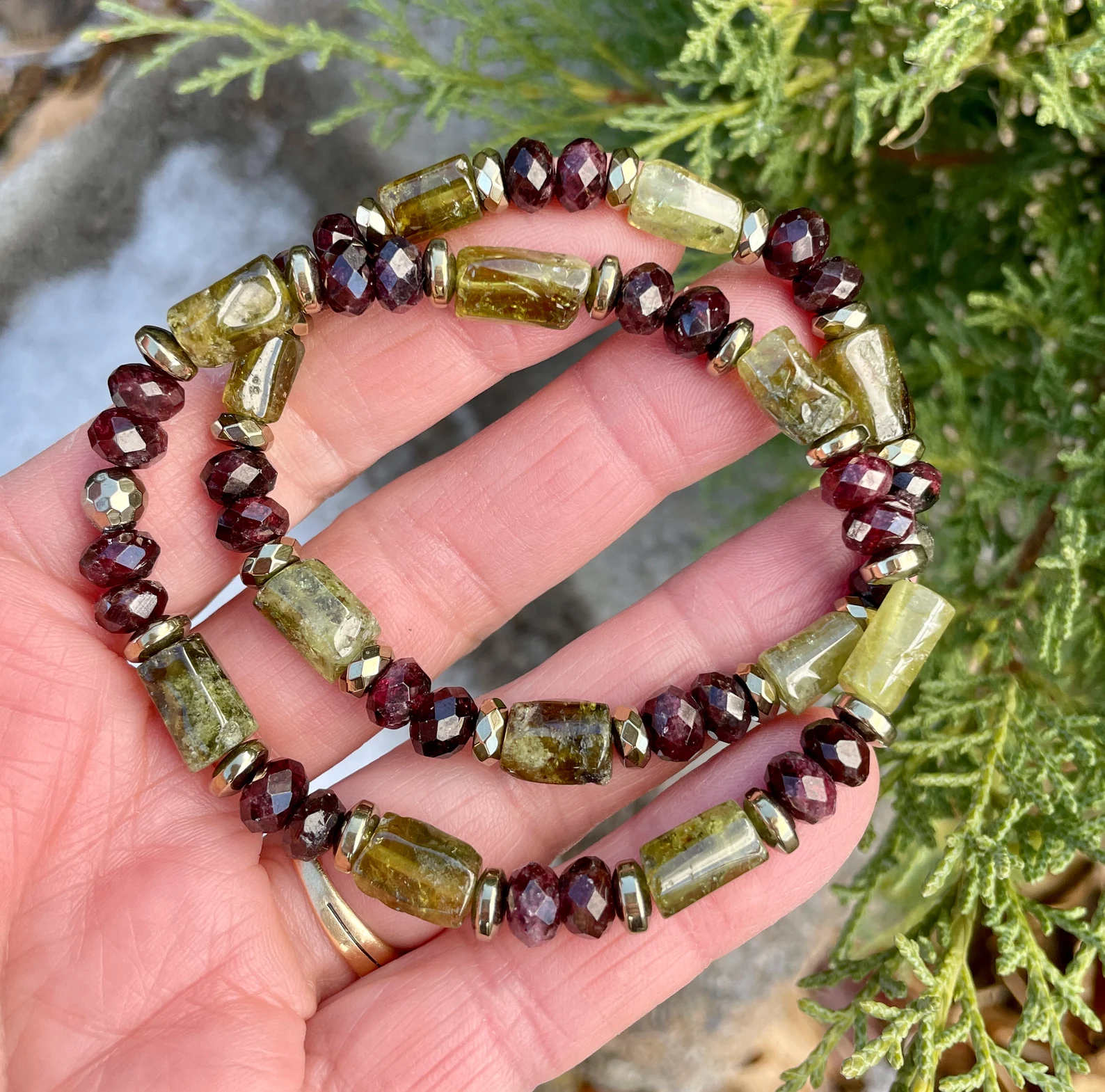 Red & Green GARNET BRACELET with Pyrite, January Birthstone, Natural S –  GivingEarth Minerals