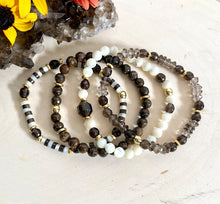 SMOKY QUARTZ, BRONZITE Bracelet with Mother of Pearl, Choice or Stack, Natural Stone, Gemstone Crystal, Beaded, Stretch