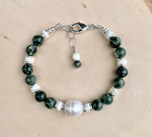 SERAPHINITE & Fresh Water PEARL Bracelet, Earrings, Elegant, Beaded, Russian Natural Stone, Gemstone Crystal, Green and White