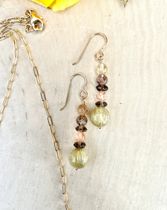 Rutile & Smoky Quartz Dangle Earrings, 14K gold filled hooks, natural stone crystal