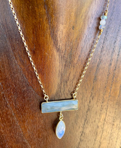 Labradorite & Rainbow Moonstone Pendant Necklace with 16" 14K gold filled chain, natural stone crystal, gifts