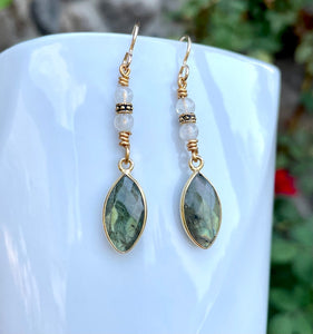 Labradorite Dangle Earrings, with Rainbow Moonstone and Rose Quartz, 14K gold filled, natural stone, dangling gemstone