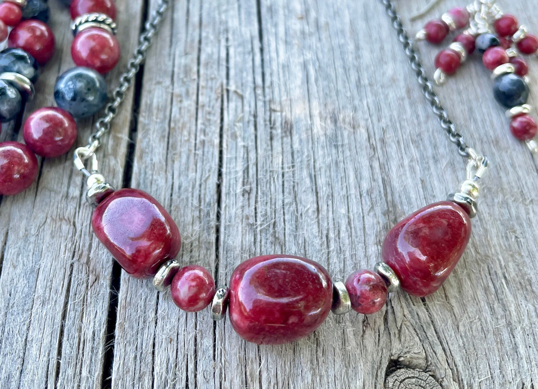 NORWEGIAN THULITE NUGGET NECKLACE, Oxidized Silver Chain, 16