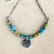 EARTH DAY NECKLACE, Green Opal, Blue Apatite, 16" or 18", Sterling Silver Chain, Earth Charm, Beaded Natural Stone Crystal Gemstone