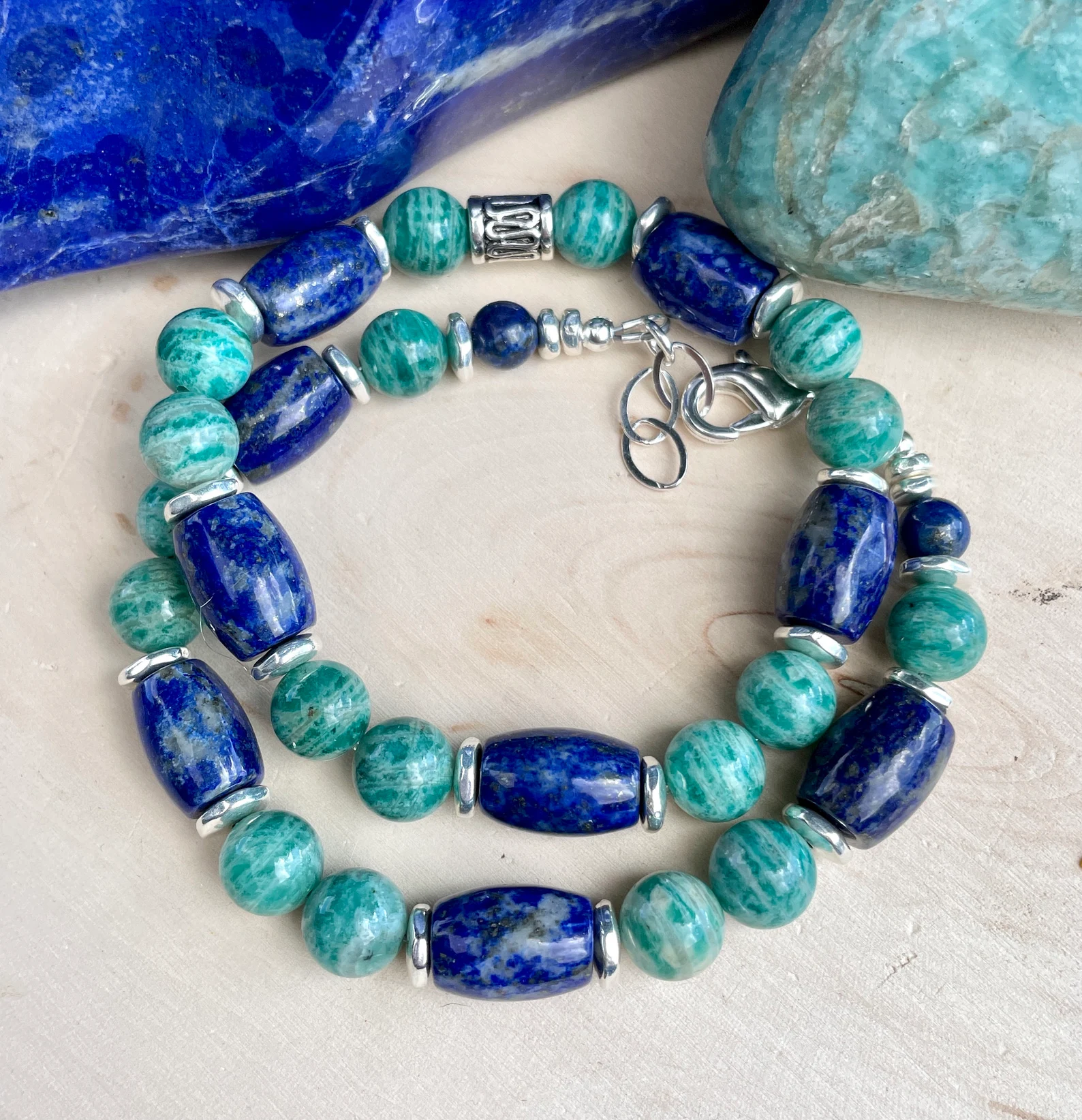 LAPIS LAZULI AMAZONITE Bracelet Clasp Silver Banded Russian Natural Stone Crystal Gemstone
