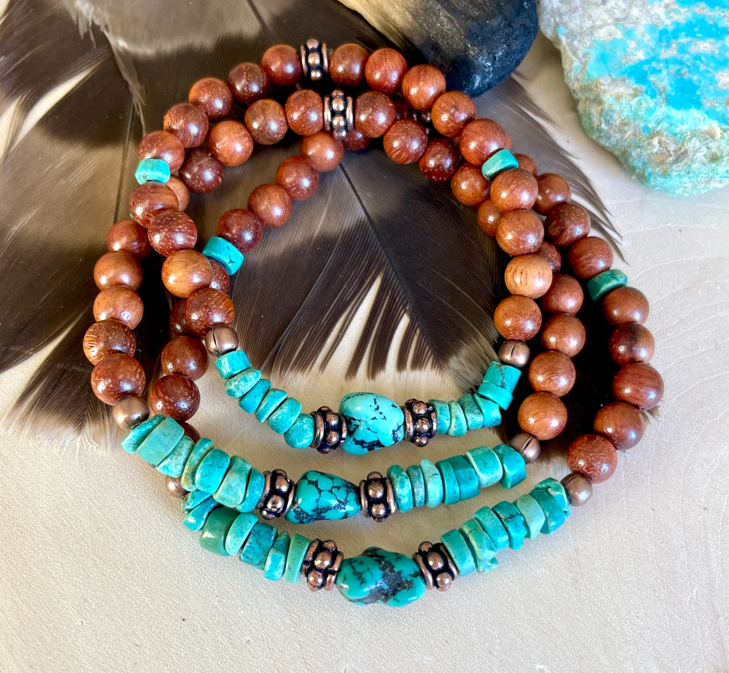 NEVADA TURQUOISE BRACELET with Rosewood & Copper, Stretch, Heishi and Pebble, Gemstone Crystal Natural Stone
