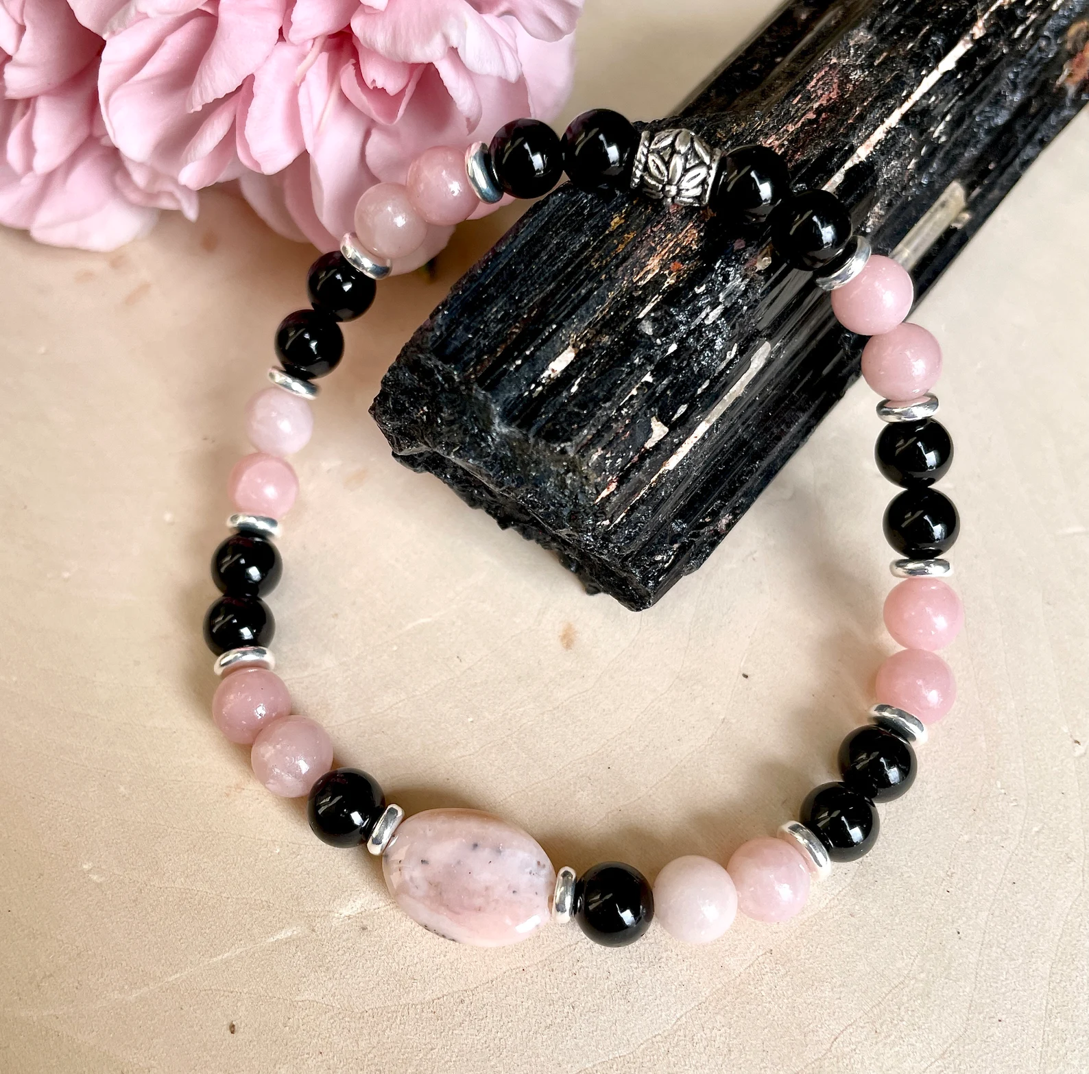 PINK OPAL Black Tourmaline BRACELET Beaded Stretch Natural Stone Gemstone Crystal Heart Chakra Healing