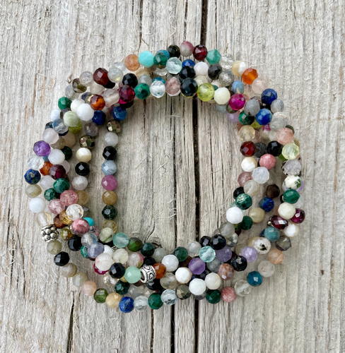 Dainty Multi-Gemstone Bracelet, Crystal Natural Stone, Mixed Gemstones, Stretch, 4mm