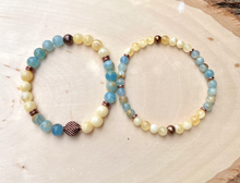 YELLOW & LEMURIAN AQUATINE Calcite Bracelet Duo Stack with Copper, Beaded Stretch, Natural Stone Gemstone Crystal